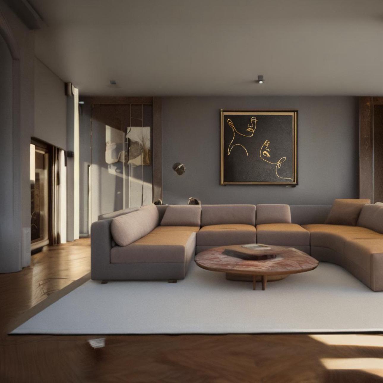 Black and gold line portrait artwork in a contemporary interior