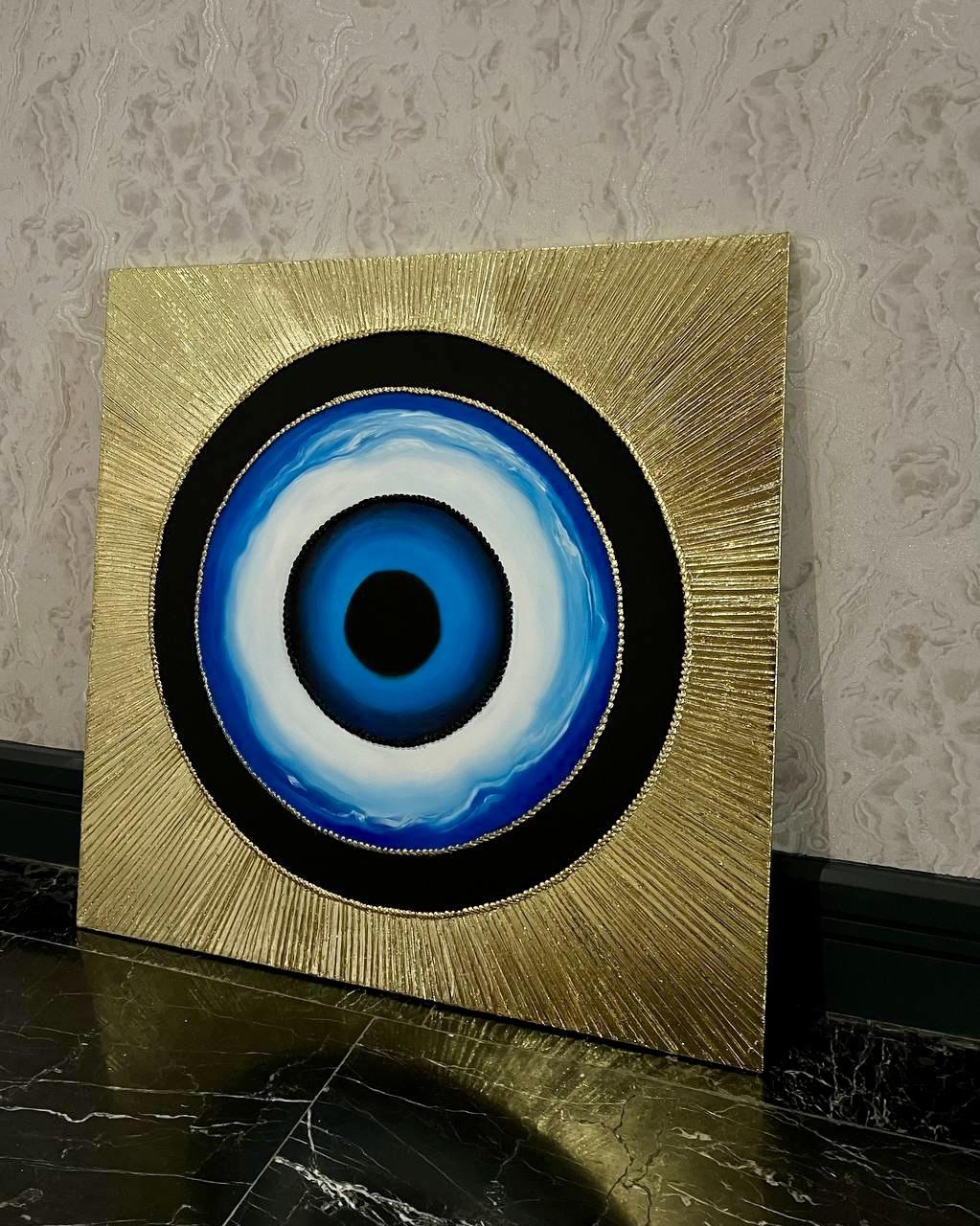 Blue, black and gold circular artwork